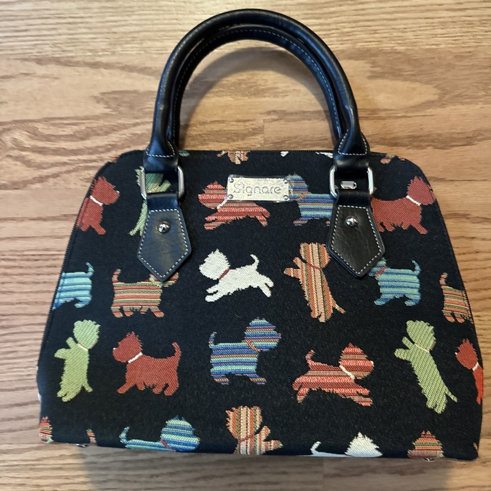 Signare Tapestry Dog Satchel Purse Scottie Westie Black Top Handle Handbag